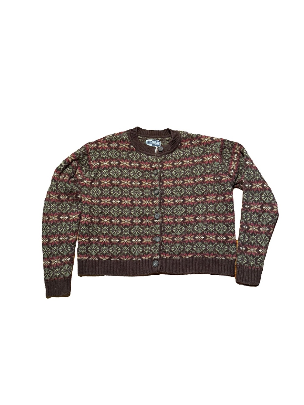 Y2K Aero Wear Brown Patterned Crewneck Cropped Cardigan Sweater Women’s Small